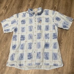 Mens Vintage 90s Columbia River Lodge Blue Marlin Button Down T Shirt Size XL